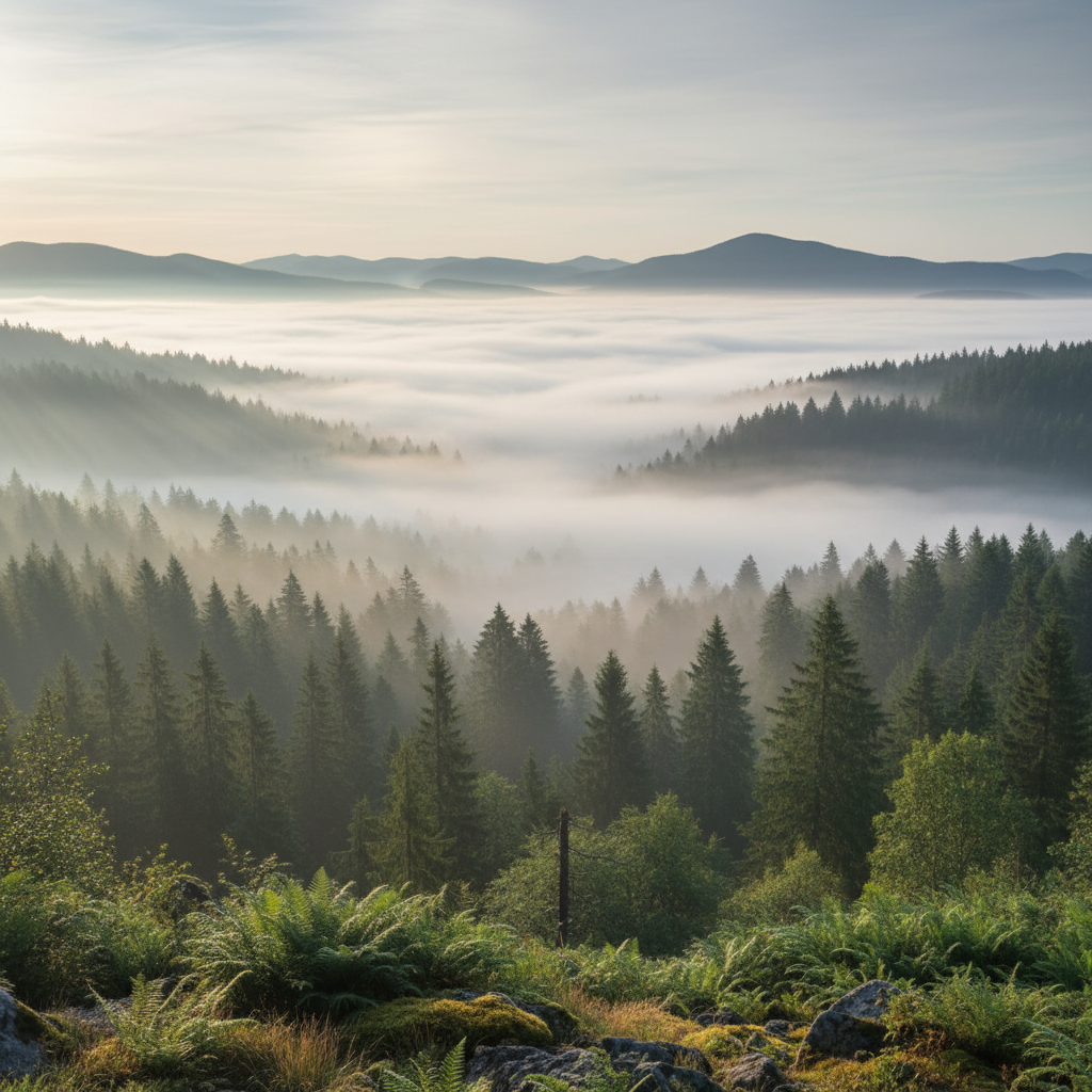 Vista panorámica de un bosque neblinoso que transmite paz