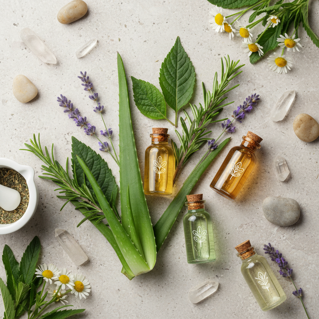 Hojas de plantas medicinales y frascos de aceites esenciales