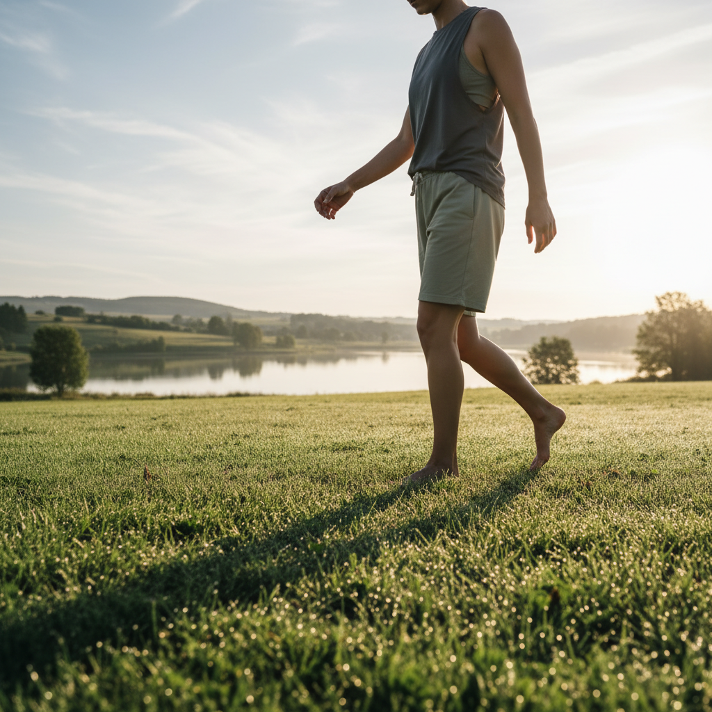 Persona caminando descalza sobre hierba verde
