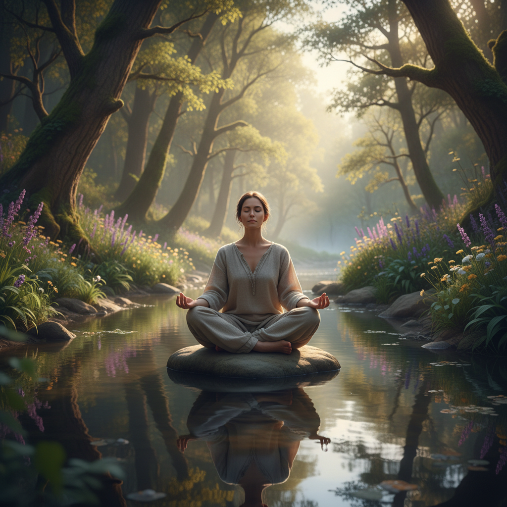 Persona en meditación tranquila rodeada de naturaleza