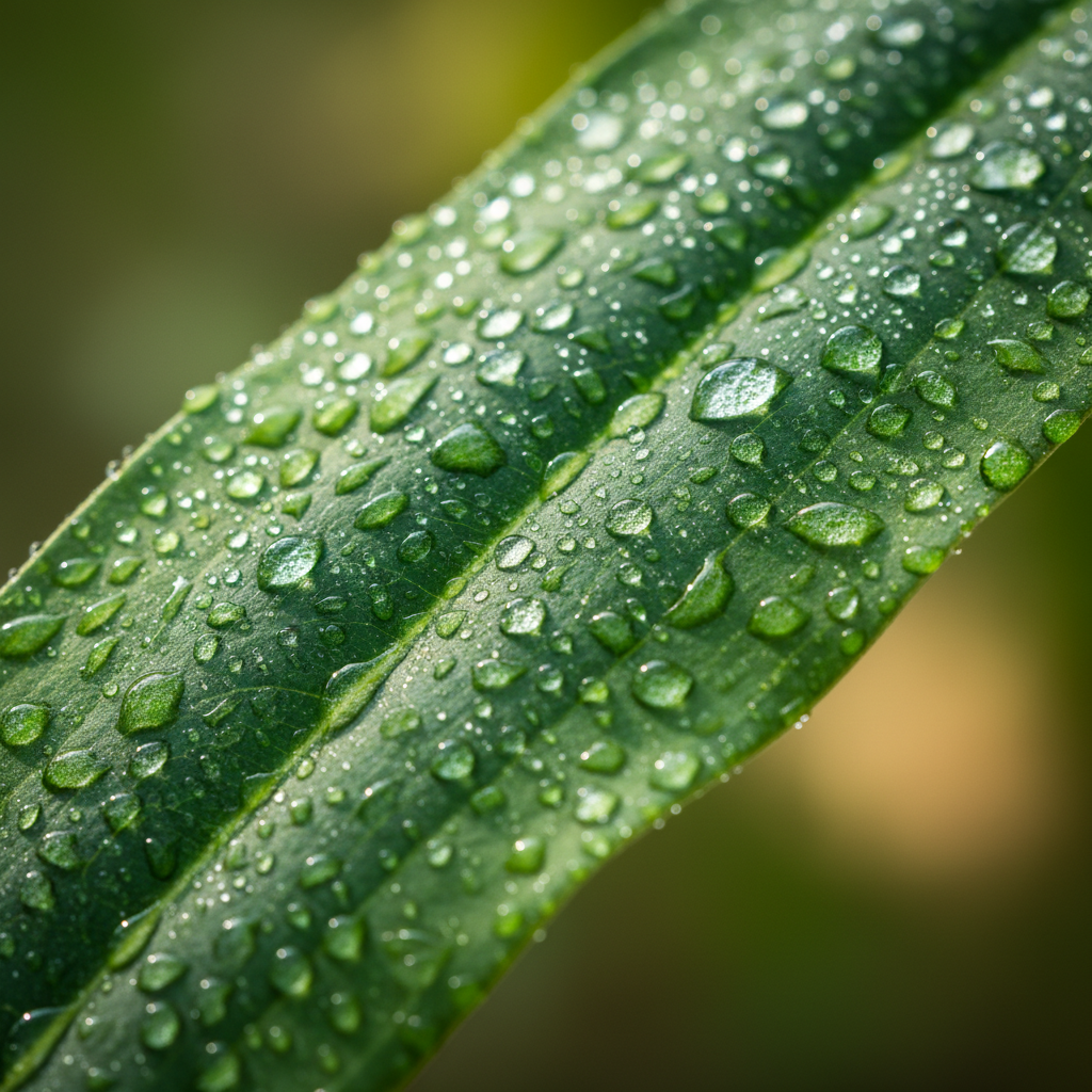 Textura macro de una hoja verde con gotas de rocío